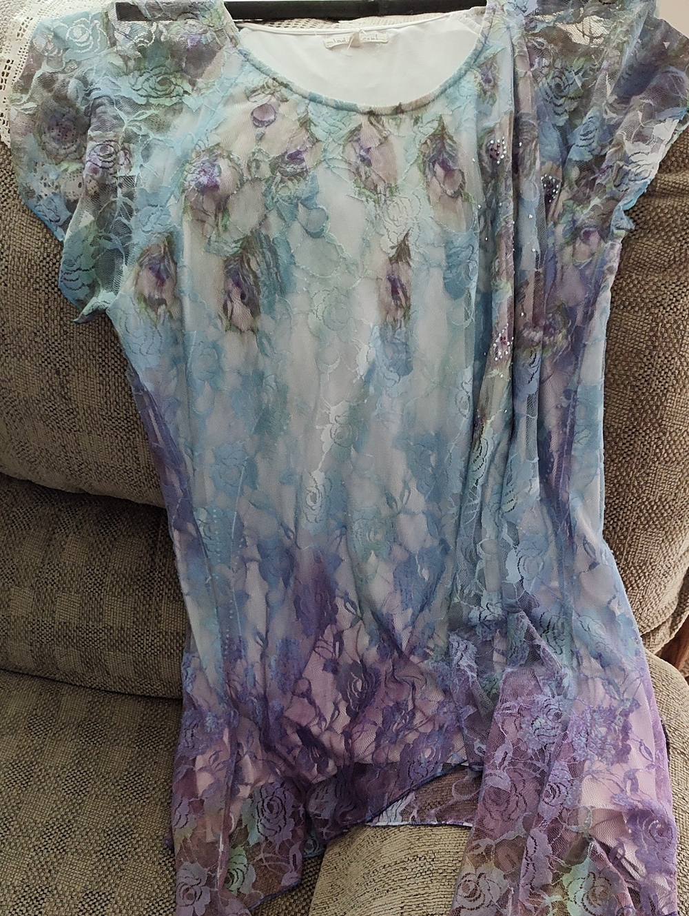 Sheer Lace Floral Topin Blue and Lavender With Rhinestone Accents